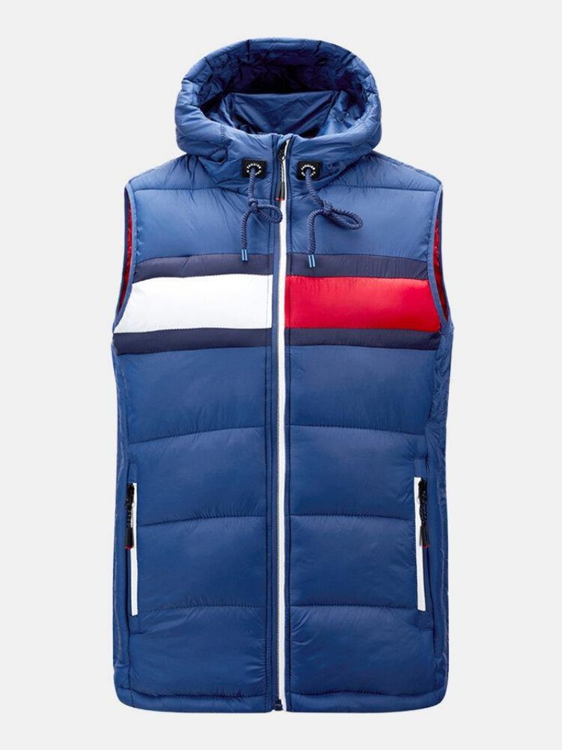 Mænds Block Patchwork Ærmeløs Lynlåslomme Hættepolstret Gilet-Vest