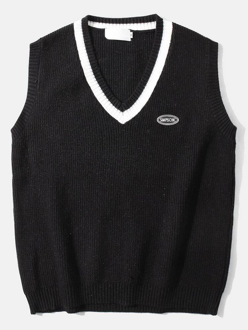 Mænds College Style Kontrast V-Hals Strikket Pullover Gilet Casual Vest