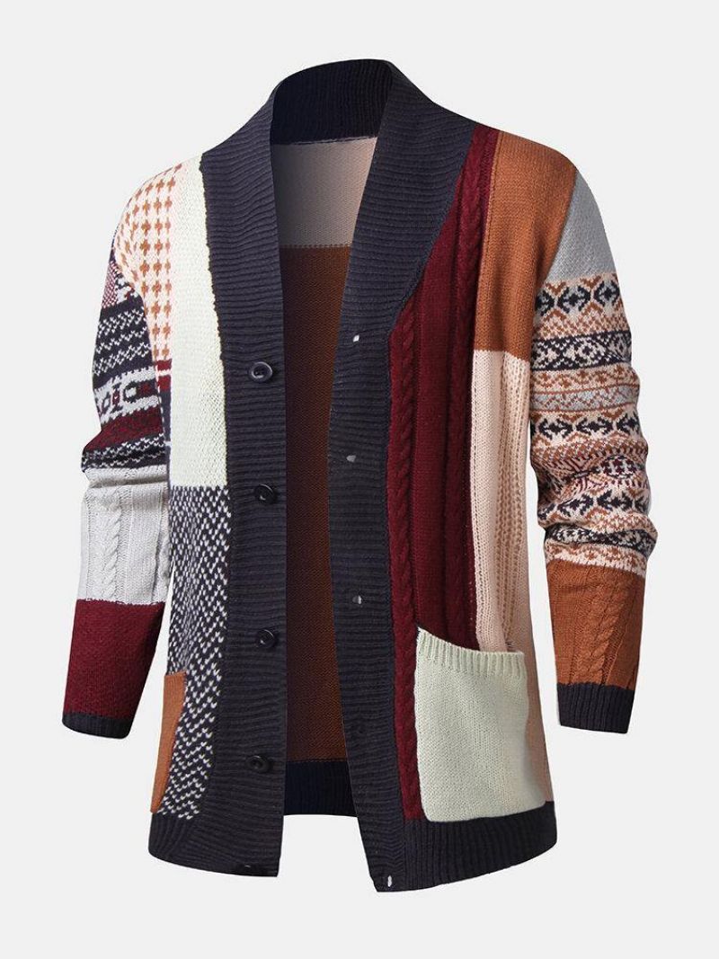 Mænds Etnisk Stil Grafik Strikkede Enkeltradede Sweatercardigans Med Lomme