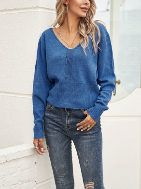 Blå Paneleret V-Hals Langærmet Sweater