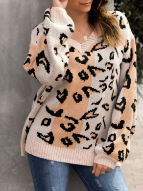 V-Hals Shift Leopard Print Langærmet Sweater
