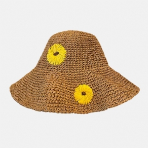 Kvinder Halm Blomster Solsikke Ensfarve Elegant Solsikke Stor Skygge Visir Solbeskyttelse Hat Beach Hat Bucket Hat