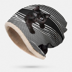 Kvinder Plus Velvet Thick 3D Cat Stripes Print Blød Personlighed Åndbar Turban Cap Beanie