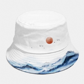 Unisex Bomuld Mode Efterår Landskab Kinesisk Blæk Maleri Solhat Udendørs Solskærm Bucket Hat Til Mænd