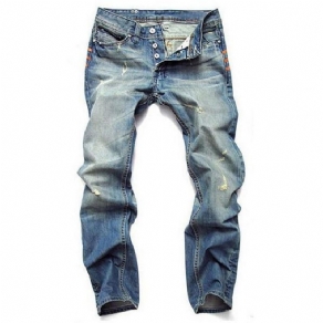 Herre Vintage Huller Lyseblå Lige Slanke Jeans Med Knap