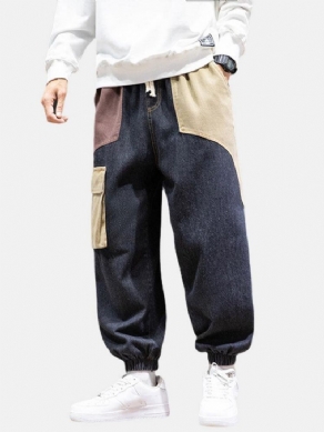 Mænds Patchwork Multi Pocket Snøre Elastisk Talje Løs Jogger Jeans