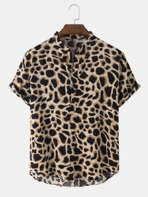 Kortærmede Skjorter Med Henley-Krave Med Leopardtryk Til Mænd