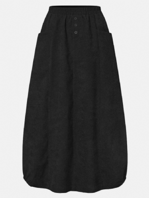 Kvinder Corduroy Knap Trim Elastisk Talje Solid Retro Nederdel Med Lomme