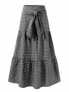 Kvinder Plaid Plisseret Lace-Up Elastiske Talje Swing Nederdele