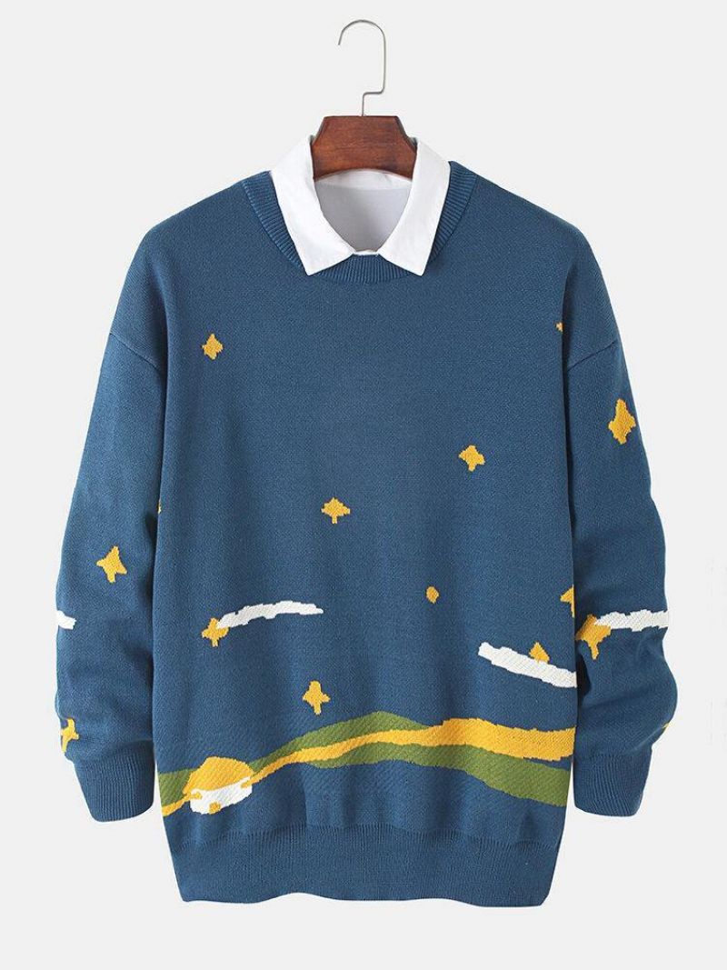 Mænds Stjernehimmel Mønster Strikning Drop Shoulder Pullover Sweatere