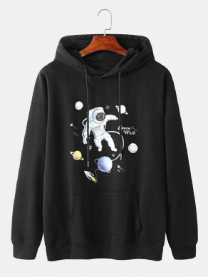 Herre Planet Astronaut Print Bomuldshættetrøjer Med Kængurulomme