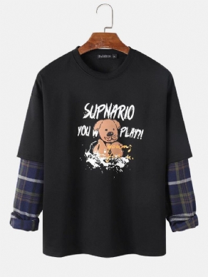 Mænds Brev Og Tegneseriehundetryk Drop Shoulder Patchwork Plaid Sweatshirts