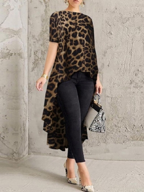 100% Polyester Leopardprint Høj Lav Bluse Til Kvinder