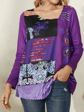 Kvinder Abstrakt Print Asymmetrisk Krave Langærmet Etnisk Stil Bluse