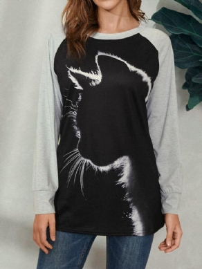 Kvinder Cat Print Rund Hals Afslappet Raglan Ærmer Bluser