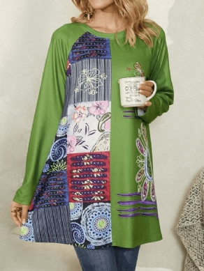 Kvinder Etnisk Stil Blomsterfarvede Farveblok Mønster O-Hals Langærmet Bluse