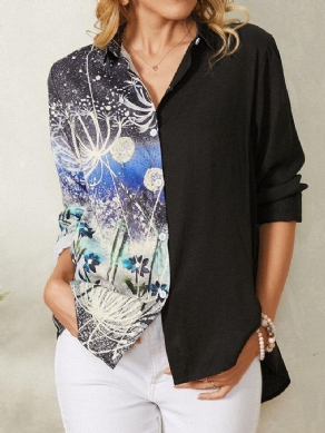 Vintage Calico Print Langærmet Lapel Collar Patchwork Skjorte Til Kvinder