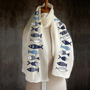Kvinder Ensfarvet Fisk Udskrivningsmønster Langt Tørklæde I Linned Sjal Wrap Multi-Purpose Elegant Neck Wrap Varmt Tørklæde