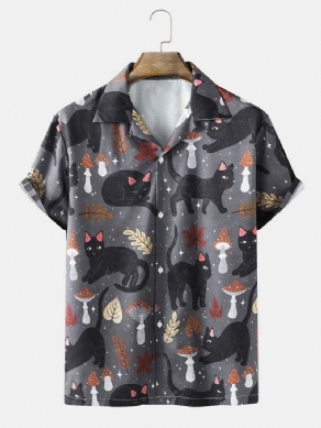 Herre Street Cat & Mushroom Print Revere Collar Shirts
