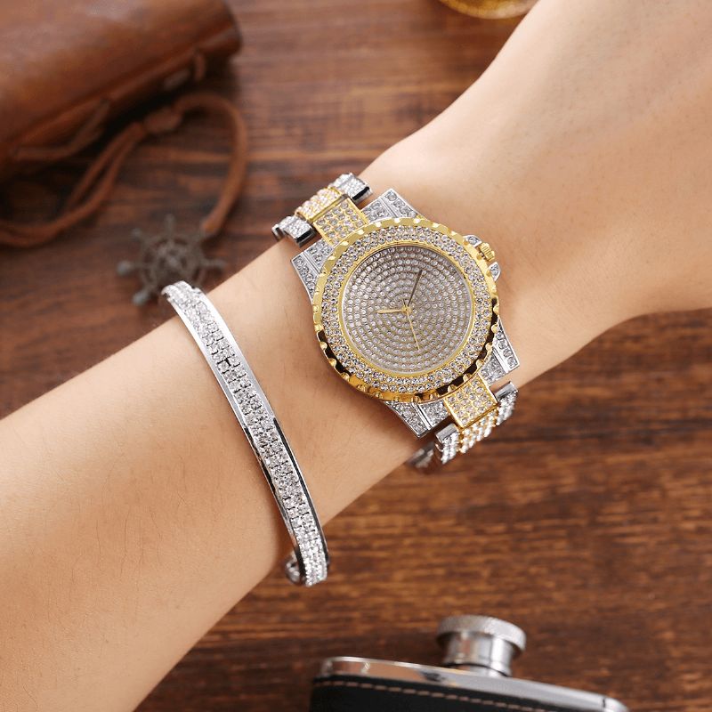 2 Stk Mode Luxury Fuld Diamond Steel Band Quartz ur Punk Rhinestone Armbånd Sæt