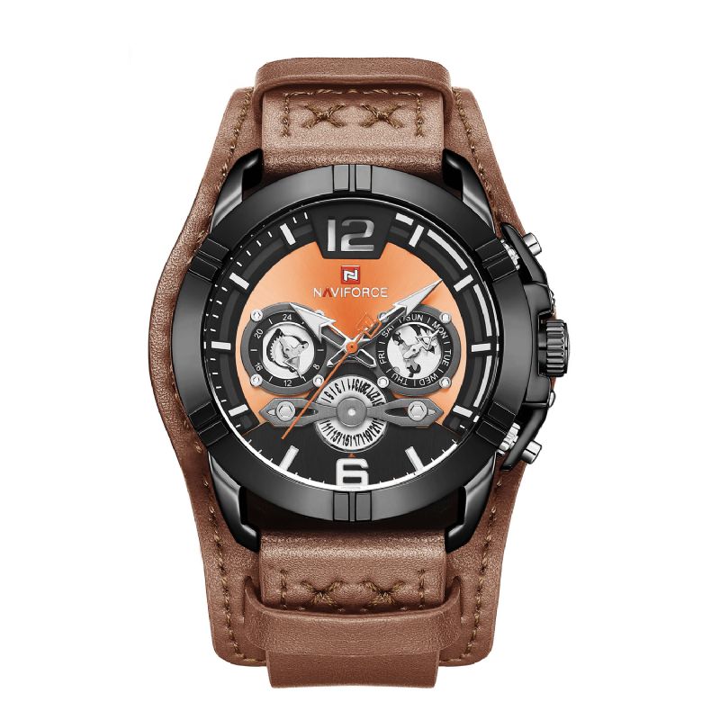 Naviforce 9162 Multifunktion Dato Display Herre Armbåndsur Kvartsur I Ægte Læderrem
