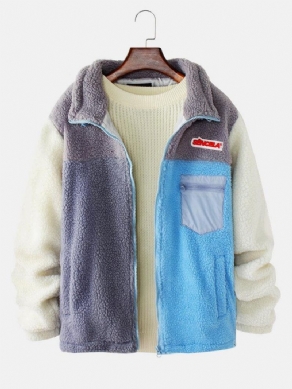Mænds Patchwork Pocket Plys Langærmet Teddyjakke Med Lynlås